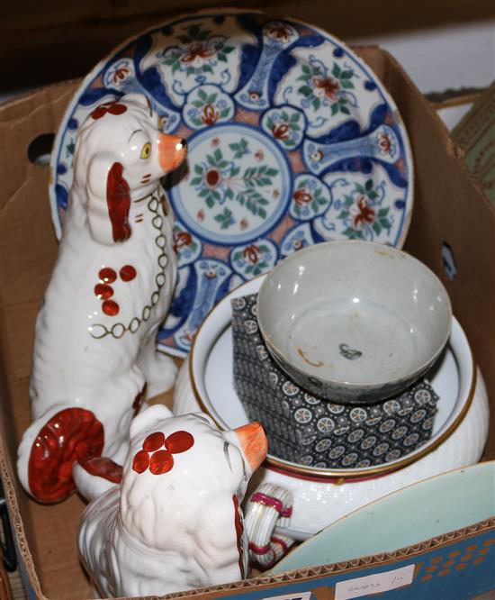 Pair Staffs dogs, 2 Canton plates etc